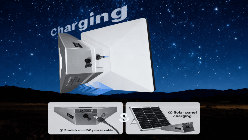 Starlink Mini battery being charged with a 60W solar panel under the night sky