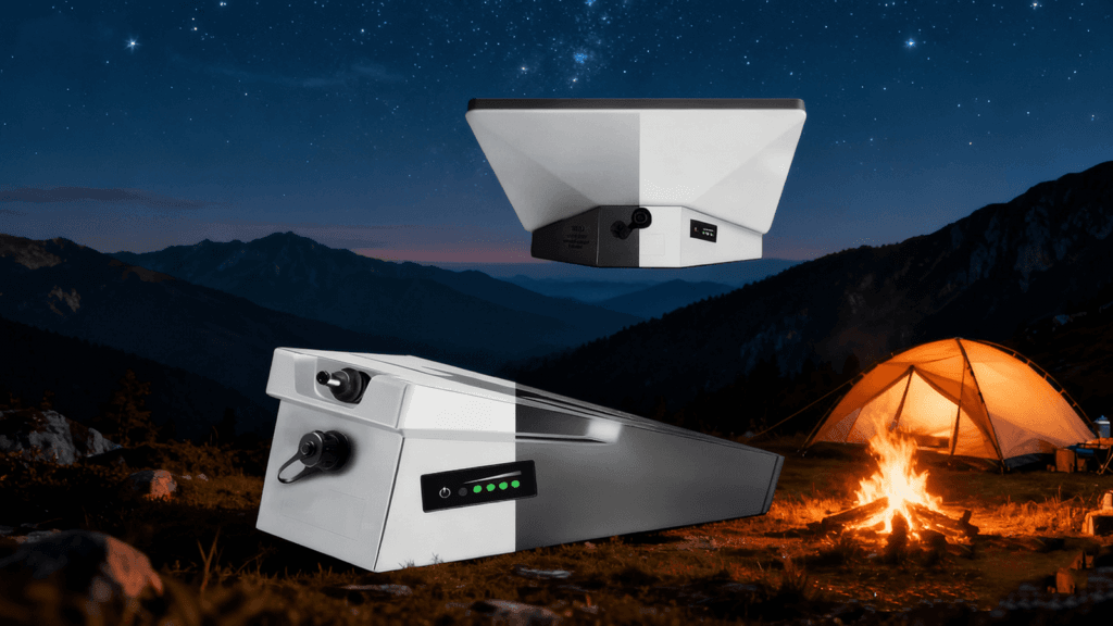 Starlink Mini battery powering Starlink Mini terminal during a night camping setup with tents and campfire