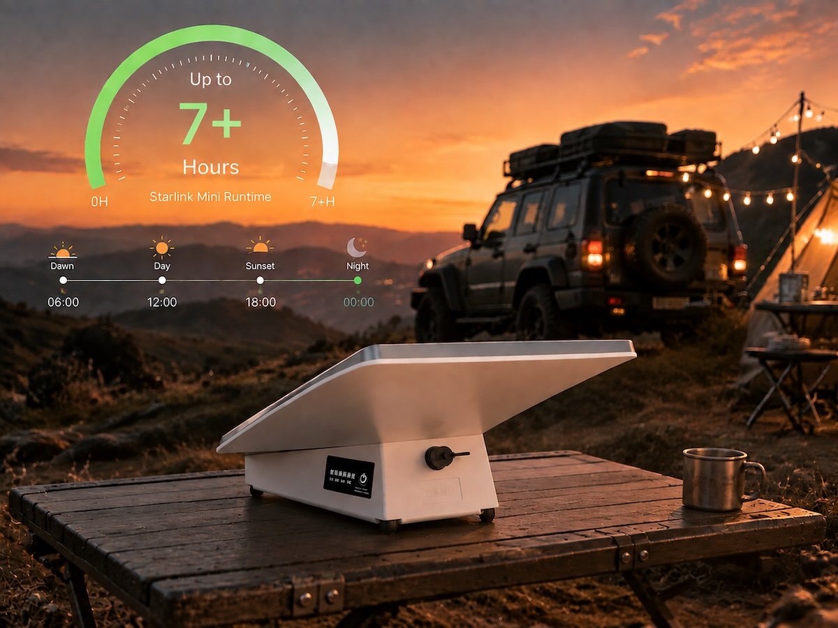 Starlink Mini battery providing up to 7+ hours runtime during an off-grid camping trip at sunset