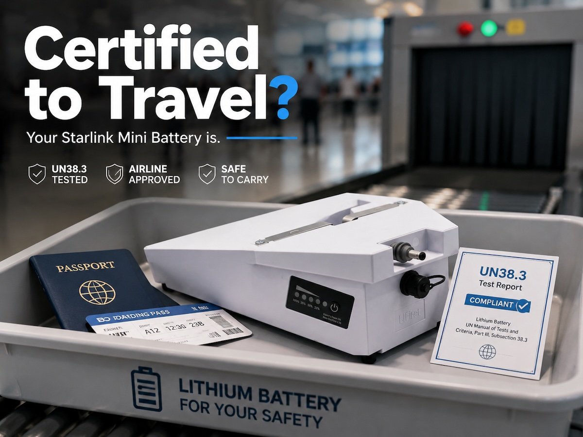SINVYX Starlink Mini battery in airport security tray with passport, boarding pass, and UN38.3 certification document showing safe lithium battery travel compliance
