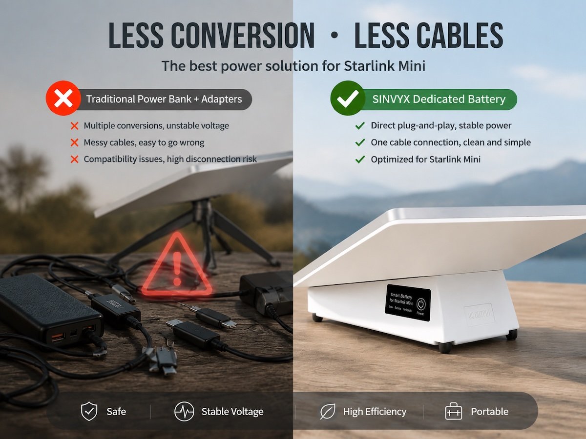 SINVYX Starlink Mini battery compared with traditional power bank setup, showing fewer cables, direct connection, and stable power solution