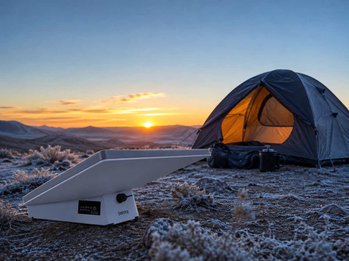 SINVYX battery on Starlink Mini at a frosty campsite in early morning light