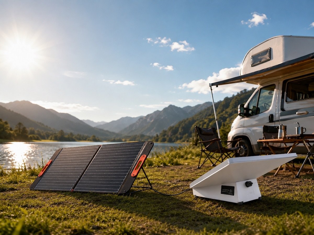 Solar panel charging a SINVYX battery connected to Starlink Mini at a campsite