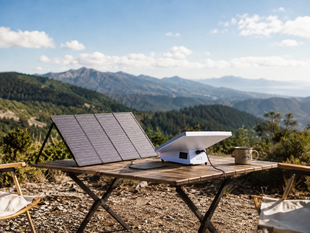 Solar panel unfolded and connected to a SINVYX battery in an outdoor mountain setting