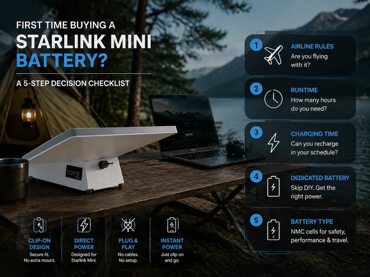 Starlink Mini battery buying checklist infographic: airline rules, runtime, charging time, dedicated battery, and NMC cell type
