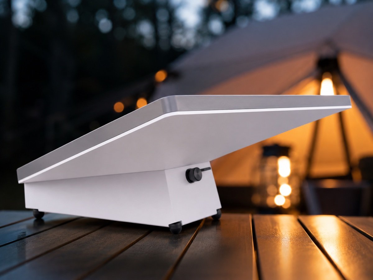 Starlink Mini terminal at a dusk campsite with tent and lantern light in the background