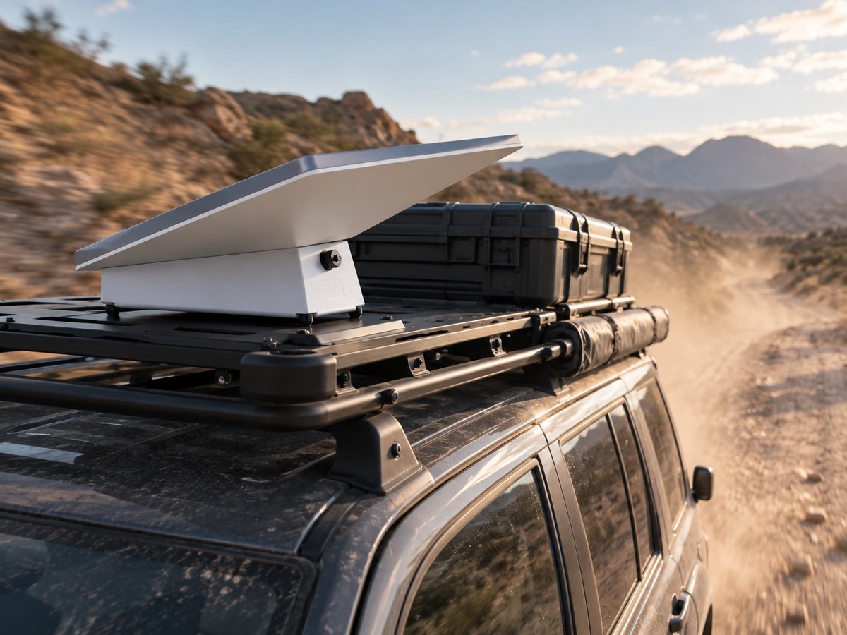 SINVYX battery clipped onto Starlink Mini on a vehicle driving a bumpy dirt road