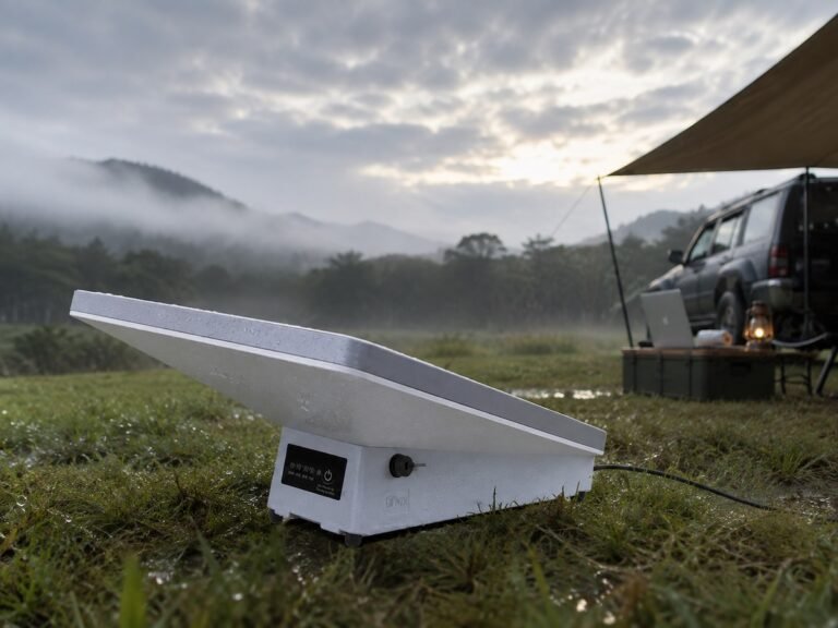 Starlink Mini with SINVYX battery set up outdoors after rain