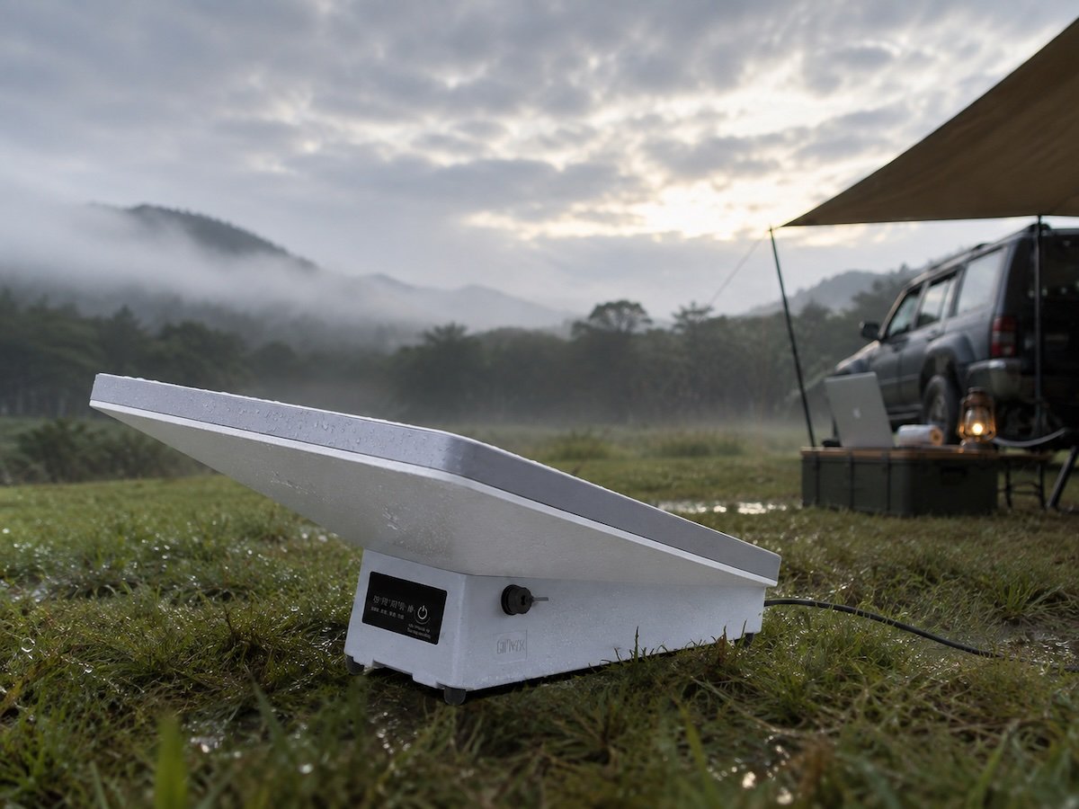 Starlink Mini with SINVYX battery set up outdoors after rain