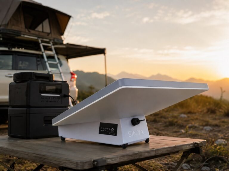 SINVYX portable battery at an outdoor camping site during sunset