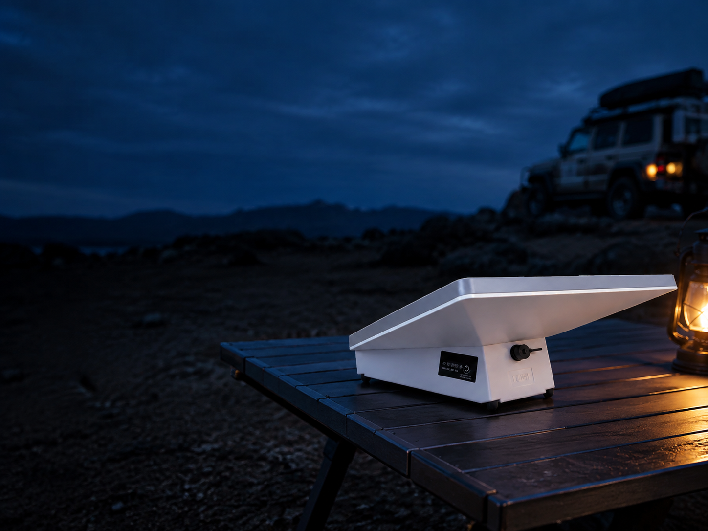 SINVYX Starlink Mini battery pack with a directly mounted Starlink Mini at an off-road campsite.