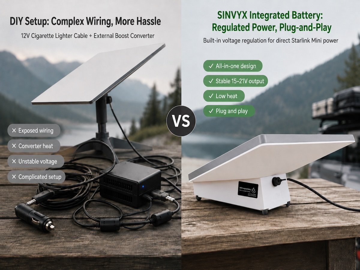 Comparison of a raw 12V cigarette lighter setup with a step-up converter versus a SINVYX regulated DC battery